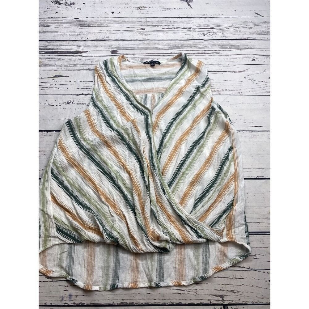 STACCATO Womens Striped V Neck Sleeveless Wrap Tunic Top Green Orange Large